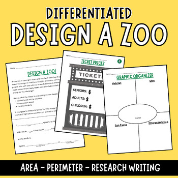 Preview of Design a Zoo DIFFERENTIATED PBL Resource - Area/Perimeter & Research Writing