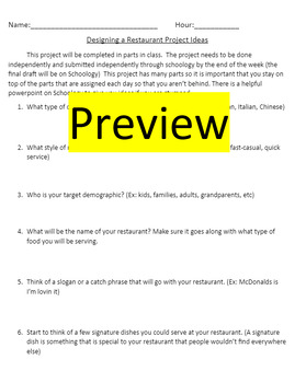 Preview of Designing A Restaurant Project Brainstorm Page