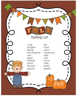 Fall Spelling List by Just Keep Learning | TPT