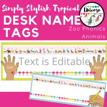 Preview of Desk Name Tags with Alphabet, Number Line, and Pencil Grip in Tropical Colors