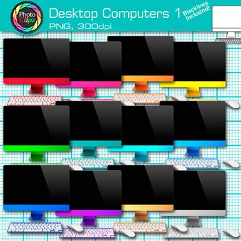 Preview of Desktop Computer Clipart: 13 Colorful Classroom Technology Clip Art PNG B&W