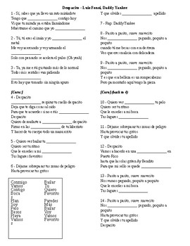 Despacito Lyrics Sheet By Sally S Spanish Class Tpt