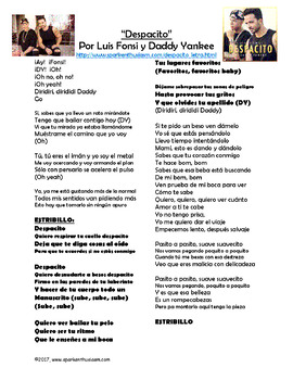 Despacito Song Lyrics Activities In Spanish Luis Fonsi Daddy