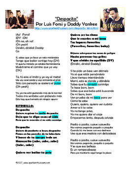Despacito Song Lyrics Activities In Spanish Luis Fonsi Daddy