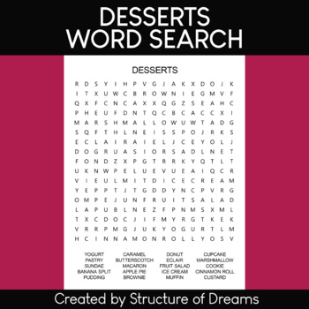 Desserts - Word Search Puzzle Worksheet - Printable by structureofdreams