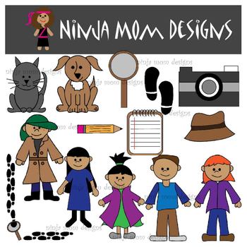 Detective Kids Clip Art in Color and Black Line by Ninja Mom Designs