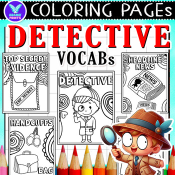 Preview of Detective Vocabs Coloring Pages & Writing Paper Art Activities ELA No PREP