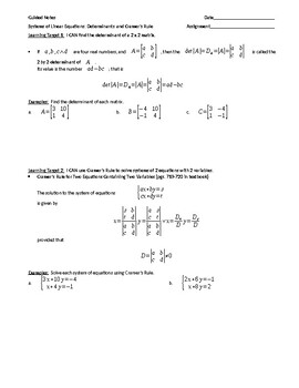 Preview of Determinants and Cramers Rule Guided Notes