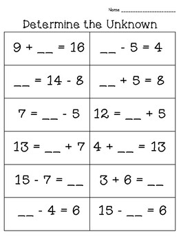 Determine the unknown whole number in an addition or subtraction equation