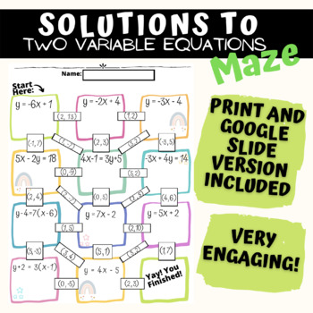 Preview of Determining Solutions to Two Variable Equations Maze **PRINT AND DIGITAL