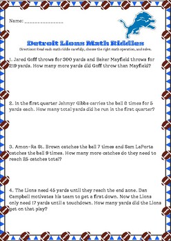 Preview of Detroit Lions Football Playoff Math Worksheets 2024