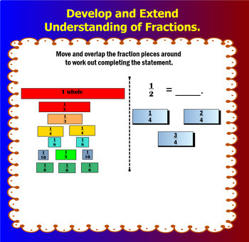 Preview of Develop and extend understanding of fractions. - Fraction equivalence.