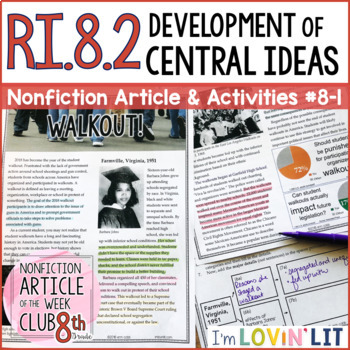 Preview of Development of Central Ideas RI.8.2 | Walkout! Student Protests Article #8-1