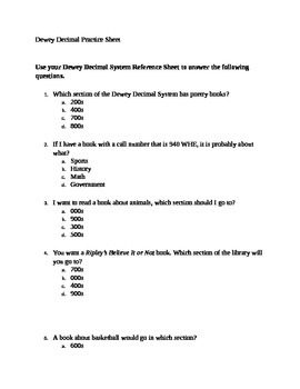 dewey decimal practice sheet by kath s creations tpt