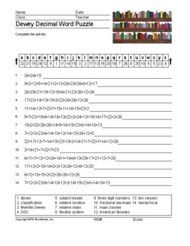 dewey decimal word search worksheet and vocabulary puzzle activities