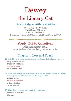 Preview of Dewey the Library Cat: A True Story by Vicki Myron with Bret Witter; Quiz w/Ans
