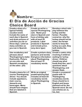 Preview of Dia de Accion de Gracias Choice Board