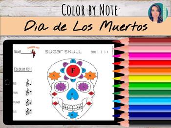 Preview of Dia de Los Muertos / Day of the Dead Color by Note Printable Worksheets