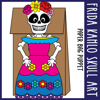 Preview of Día de Muertos Frida Kahlo Floral Skull Paper Bag Puppet Craft, Day of the Dead