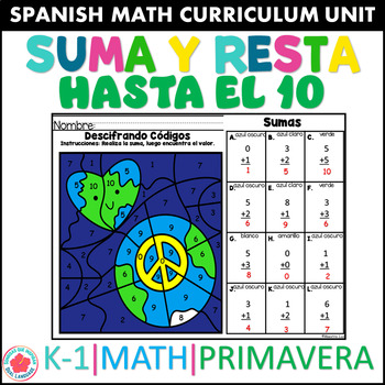 Preview of Dia de la Tierra Sumas y Restas Hasta 10 Color by Code