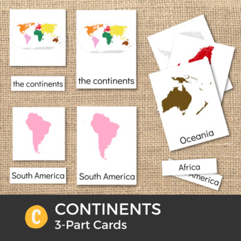 Preview of Montessori 3 part cards: The Continents FREEBIE!