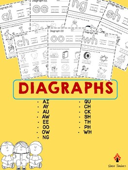 Preview of Diagraphs CH SH TH PH WH CK EE OO NG OW AI AY AW QU AU Worksheets -Trace, Write