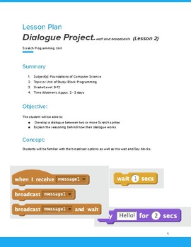 Preview of Computer Coding with Scratch 3.0 Coding Lesson Plan 2  - Dialogue Project