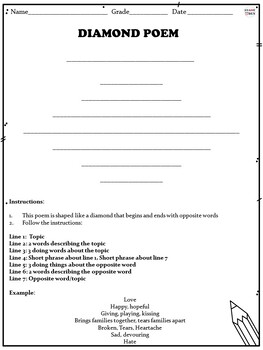 Preview of Diamond Poem Template - Poetry Writing Activity and Worksheet
