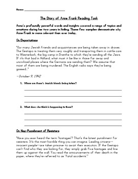 Diary of Anne Frank Passages Reading Comprehension Worksheet | TpT