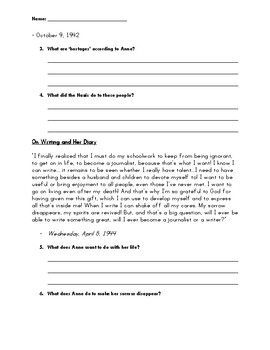 Diary of Anne Frank Passages Reading Comprehension Worksheet | TpT