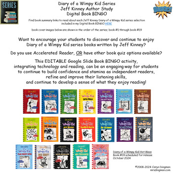 Preview of Diary of a Wimpy Kid Series Jeff Kinney Author Study Digital Book BINGO