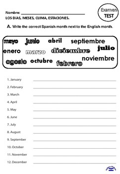 Dias, meses TEST 2nd grade by Senora Platero | TPT