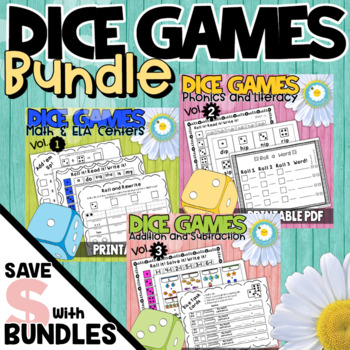 Preview of Dice Games for Math and Literacy Centers BUNDLE - 3 Resources