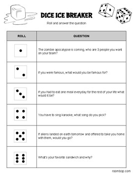 dice ice breaker back to school by roombop teachers pay teachers