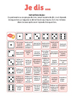 Preview of Dice game for Beginner French students - Je dis ...