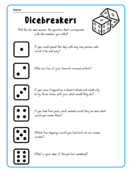 Dicebreakers - Icebreakers for Back to School - Options for 1 and 2 Dice