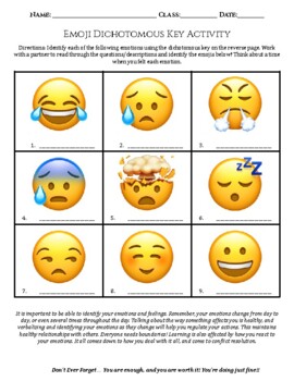 Preview of Dichotomous Key EMOJI Activity - 2 pages. - Taxonomy (Social-Emotional Learning)
