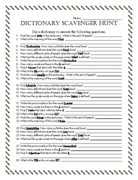 Dictionary Scavenger Hunt By Learning With Sally Tpt