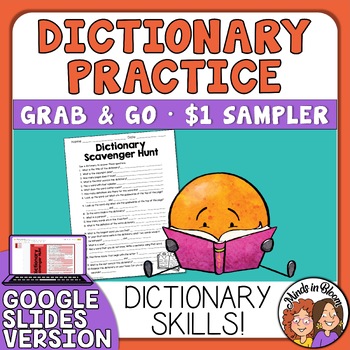 Preview of Dictionary Skills Worksheet Sampler Scavenger Hunt Reference Skills Practice ELA