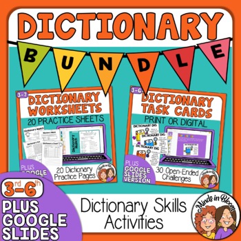 Preview of Dictionary Skills Worksheets and Task Cards Bundle plus Digital Google Slides
