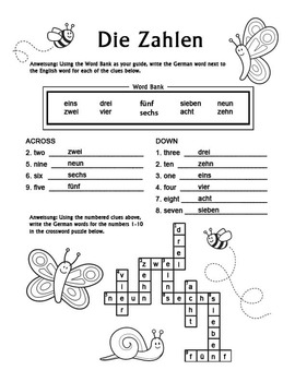 Die Zahlen - German Numbers 1-10 Crossword Puzzle Worksheet by Miss Mindy