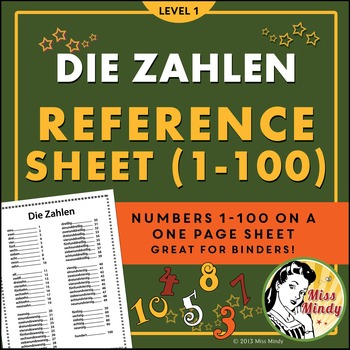 Preview of Die Zahlen German Numbers 1-100 Reference Sheet