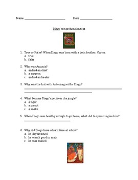 Preview of Diego by Jeanette Winter comprehension test