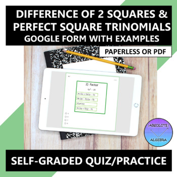Preview of Difference of 2 Squares and Perfect Square Trinomials Google Form Quiz Practice