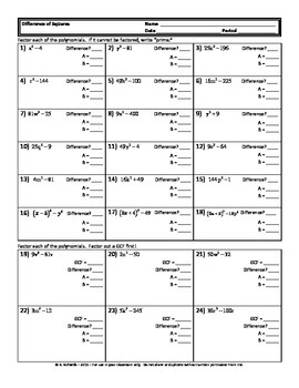 Difference of Squares Worksheet with Answer Key by Brenda Richards