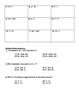 Difference Of Perfect Squares Worksheet
