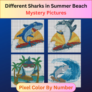 Preview of Different Sharks in Summer Beach - Pixel Art Color By Number / Mystery Pictures