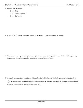 Preview of Differentials and Linear Approximations Worksheet