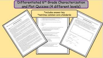 Preview of Differentiated 6th Grade Characterization and Plot Quizzes (4 different levels)