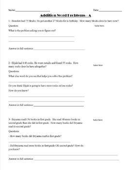 Preview of Differentiated Addition Word Problems Worksheets